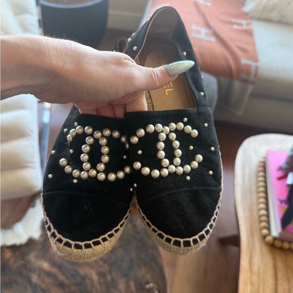 CHANEL Black Espadrilles with Pearl Accents